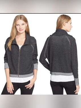 Eileen Fisher organic cotton funnel neck zip front cardigan sweater charcoal L